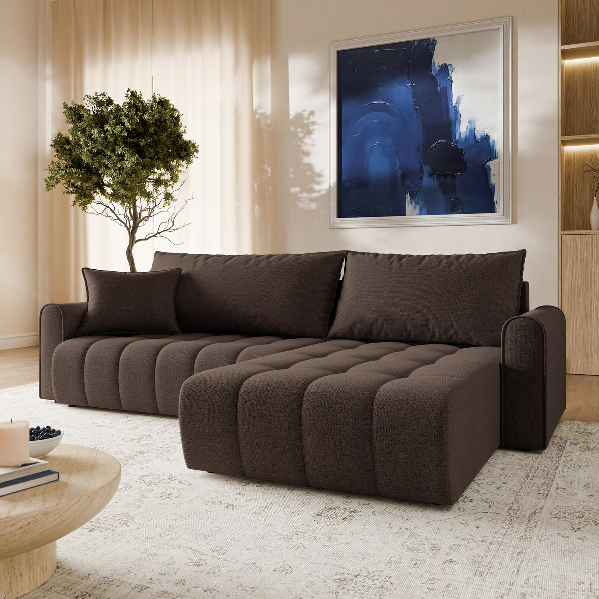 ECKSOFA FRIGA Braun Strukturstoff mit Schlaffunktion - Braun, Holz (283/185cm) - MASSENO