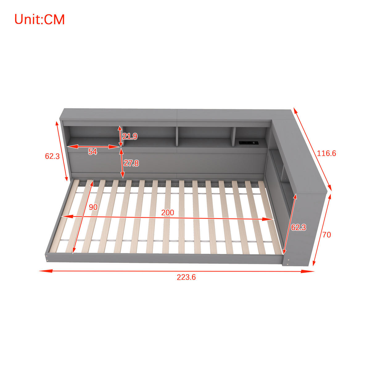 TAGESBETT 90/200 cm mit Steckdose, 2 USB-Anschlüssen, Ablagefächern und Lattenrost, Grau - Grau, Holzwerkstoff (90/200cm) - Redom