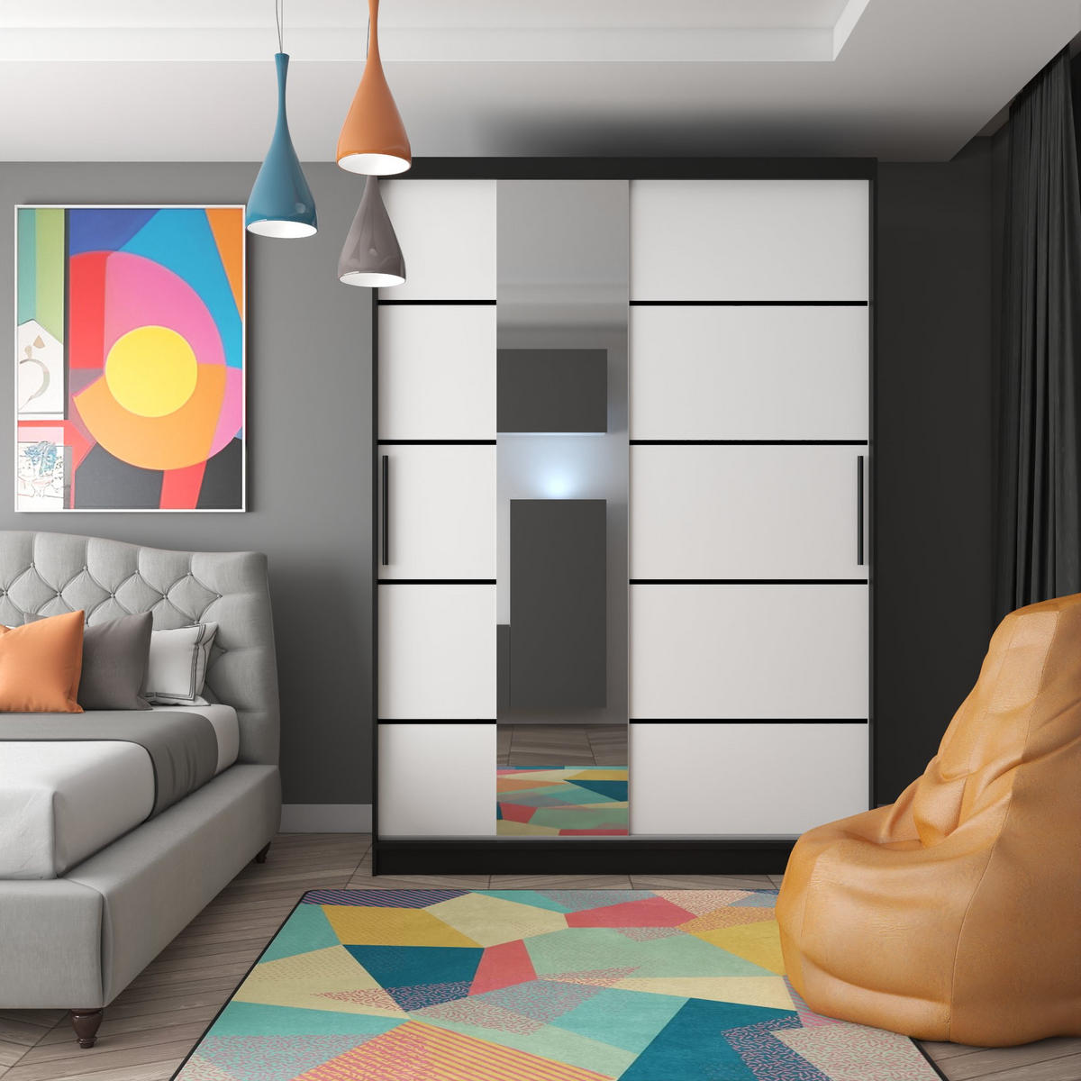 BELINI Verona MBP – Posuvné skrine, 133 cm, čierno-biela, matný povrch – Skriňa na oblečenie so zrkadlom a 2 zásuvkami, vhodná do spálne - biela, drevo (133/216/60cm) - B BELINI GROUP