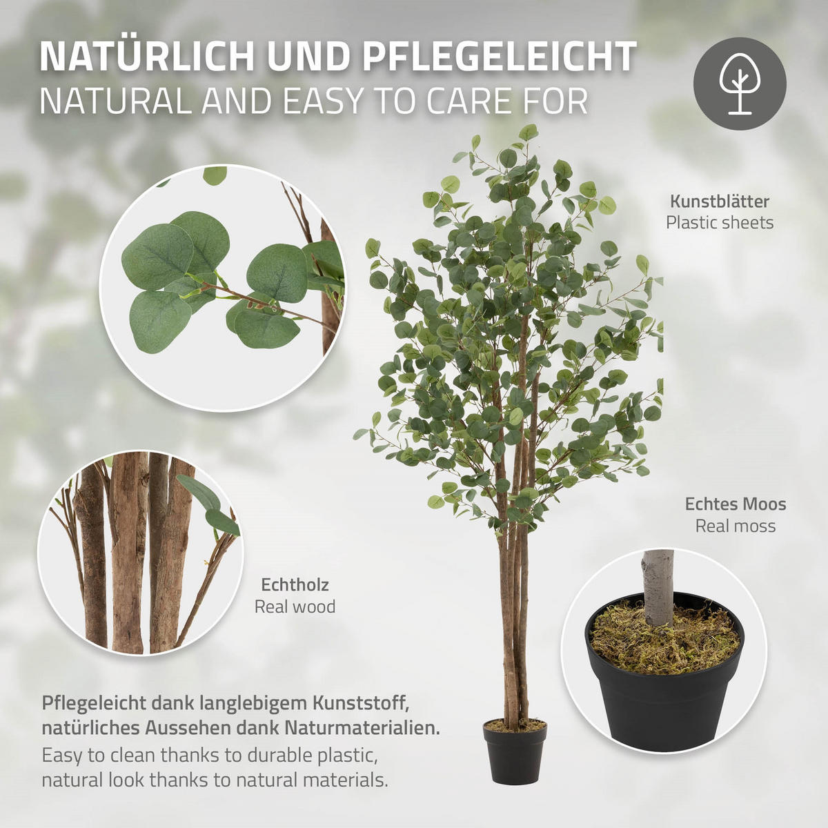 KUNSTPFLANZE Eukalyptus - Anthrazit/Grün, Holz/Kunststoff (180cm) - ML-DESIGN