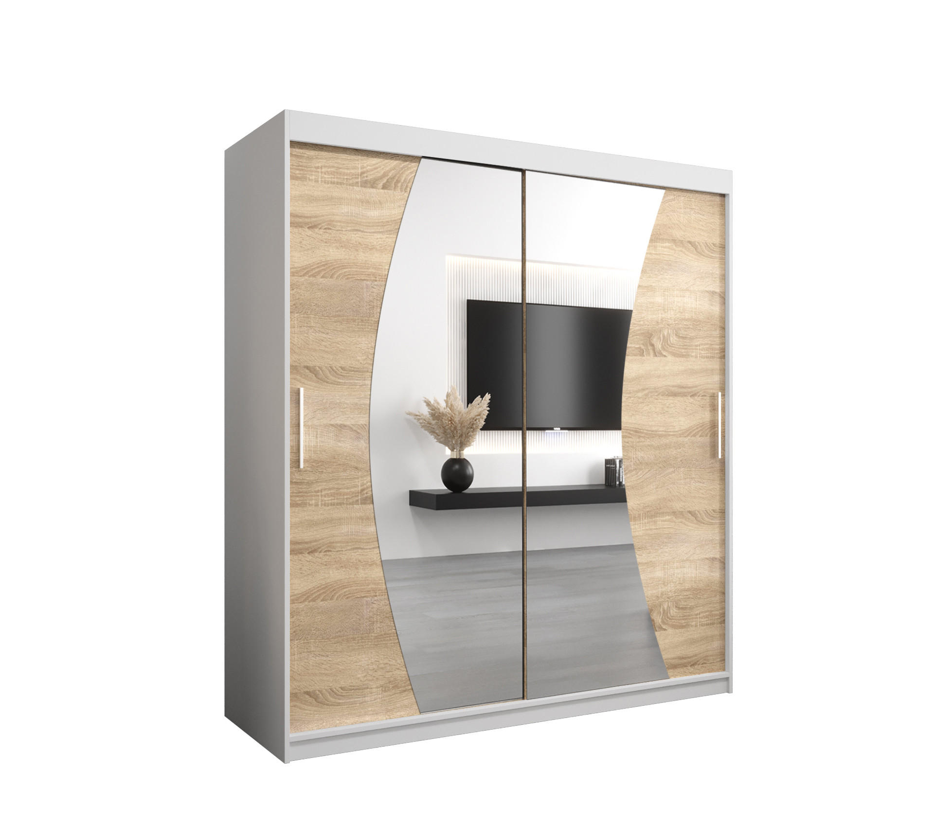 Abiks Möbel Schwebetürenschrank Weiß, Sonoma Eiche 180x200x62 cm