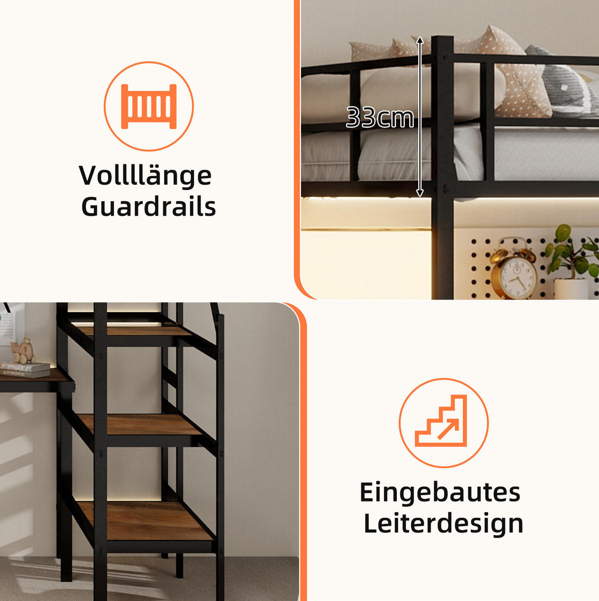 HOCHBETT mit L-förmigem Schreibtisch, Treppe und Stauraum, Metall, Schwarz - Schwarz, Metall (90/190cm) - MIVRAY