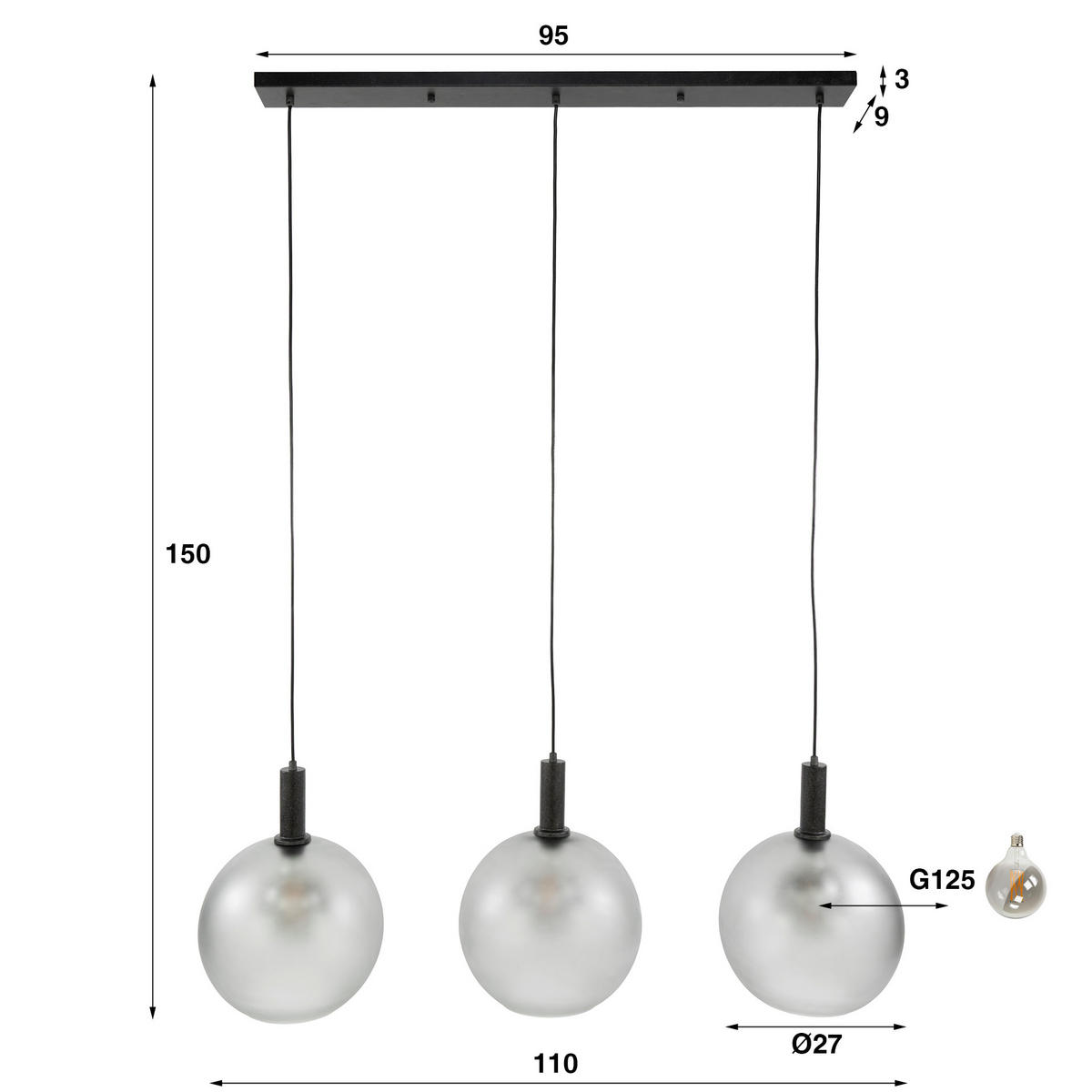 HÄNGELEUCHTE Bubble Grau 27/110/150 cm - Grau, Glas (27/110/150cm) - Hoyz Collection