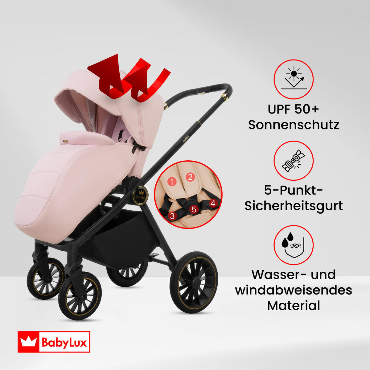 KINDERWAGEN Rosso 4in1 Rosa Babywanne, Reisebuggy, Autositz, Isofix Basis - Schwarz/Rosa, Textil/Metall (58/98cm) - BabyLux