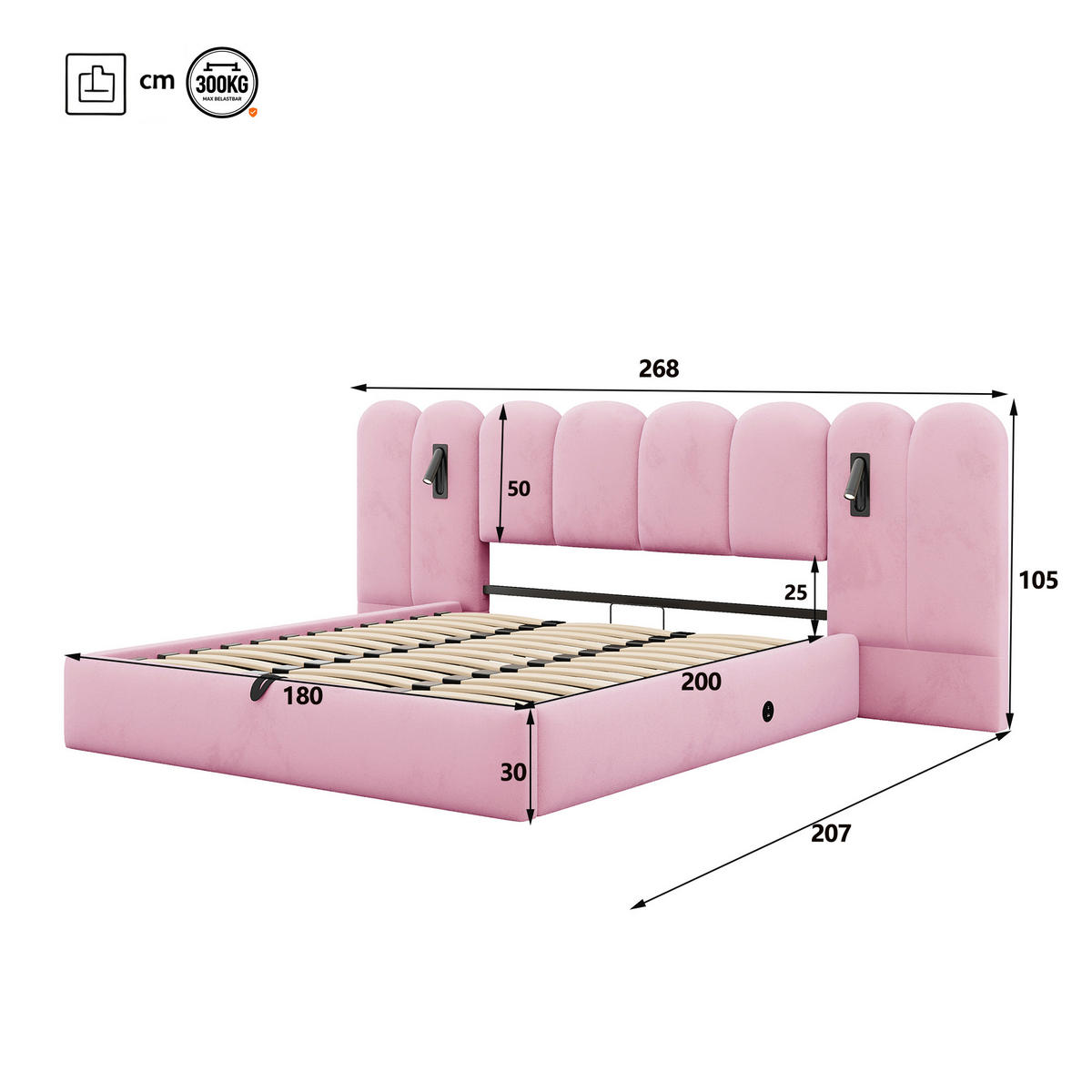 BOXBETT 180/200 mit Wolken Kopfteil, Bettkasten/Leselampe/USB, Samt, Rosa - Rosa, Holz/Textil (180/200cm) - LVHOM
