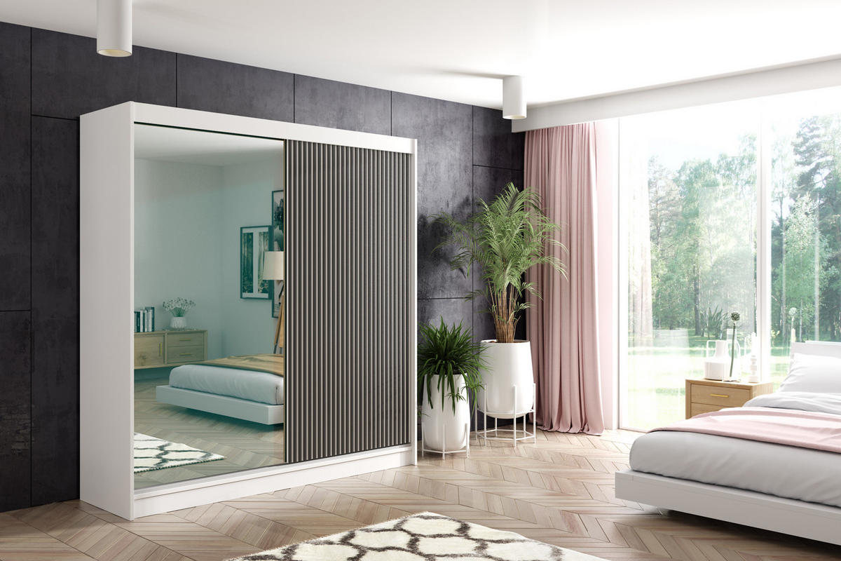 KLEIDERSCHRANK VILAN mit Spiegel - 200 cm - Weiß|Schwarz - Schwarz/Weiß, Holzwerkstoff (200/215/61cm) - ALTDECOR