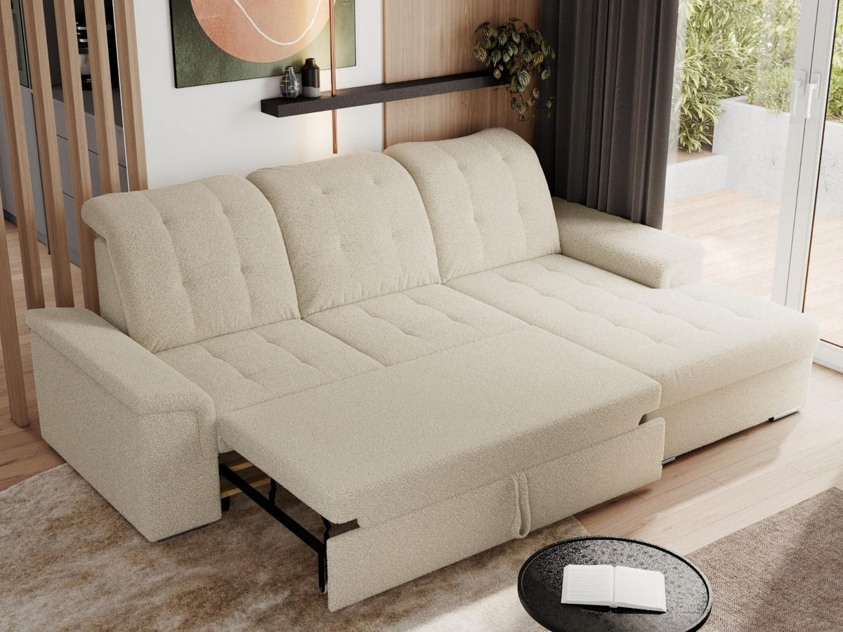 ECKSOFA MADRITO L - Beige Boucle - Rechts - Beige/Silberfarben, Textil/Metall (256/160cm)
