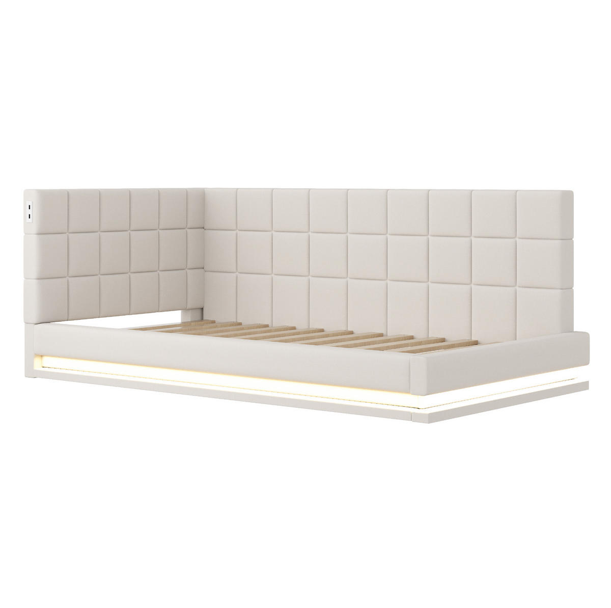 ČALÚNENÁ posteľ 90/200 cm s LED osvetlením, USB portom a lamelovým roštom, Béžová - béžová, textil (90/200cm) - Redom