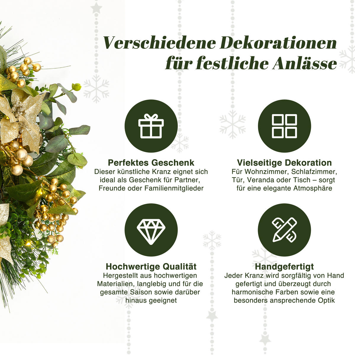 40 cm Weihnachtskranz mit LED&Timer, Goldblüten & Eukalyptus - Grün, Kunststoff (50cm) - Hometopia
