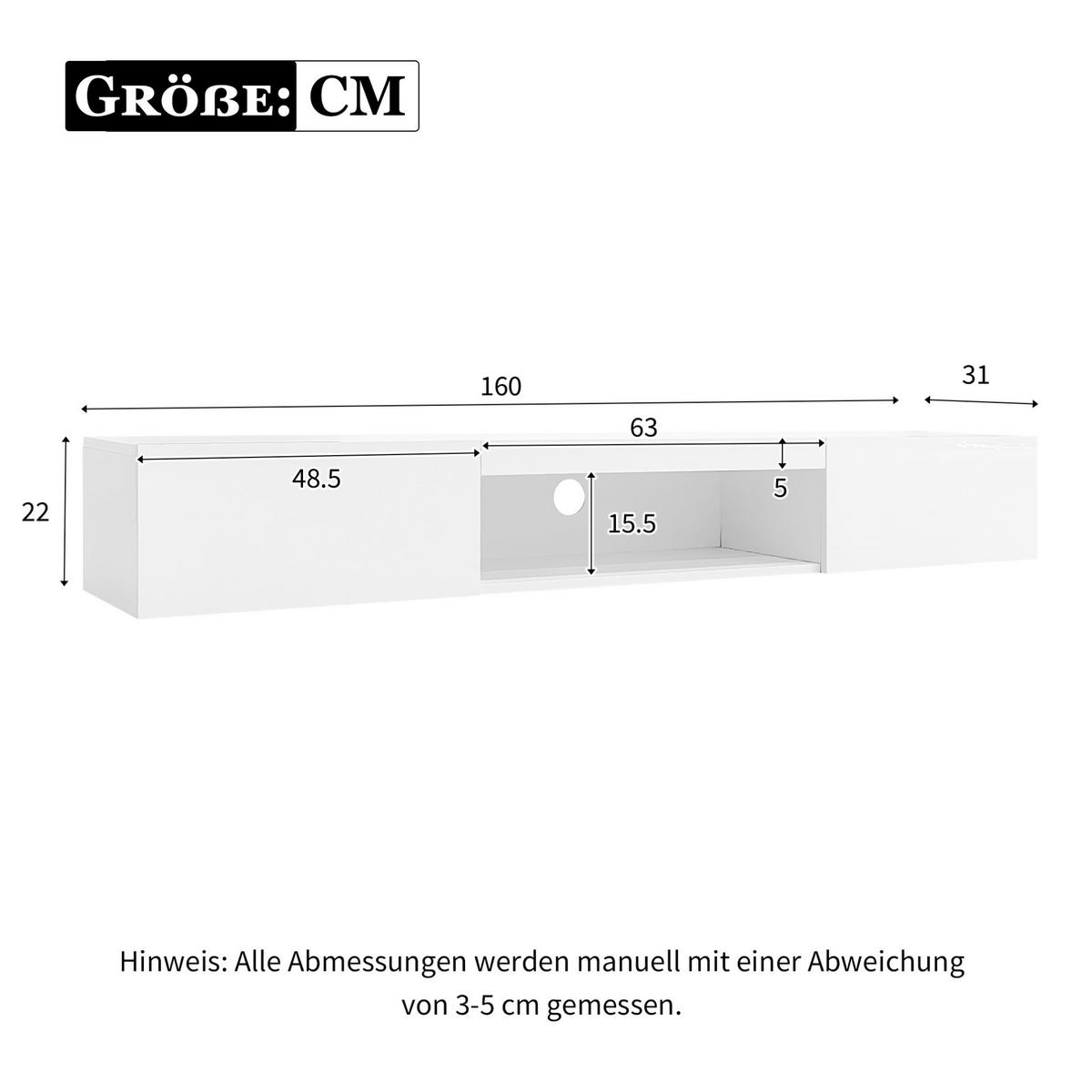HÄNGENDER TV-Schrank Hochglanz Weiß mit LED und Türen 160/31/22 cm - Weiß, Holzwerkstoff (160/22/31cm) - Redom