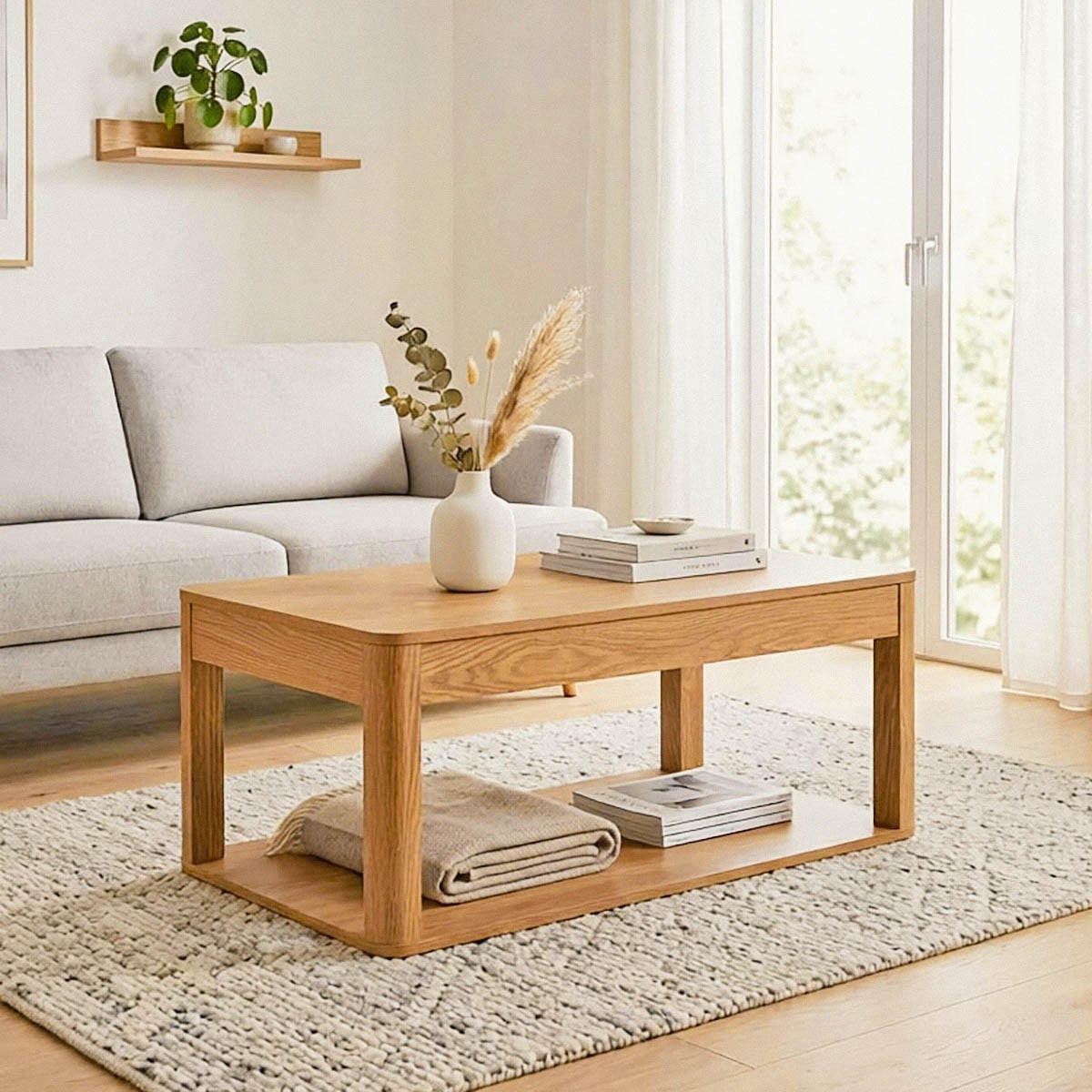 COUCHTISCH 2 rechteckige Holzoptik-Ablagen L90 cm - CELIA - Eschefarben, Holzwerkstoff (56/50/40cm) - Calicosy