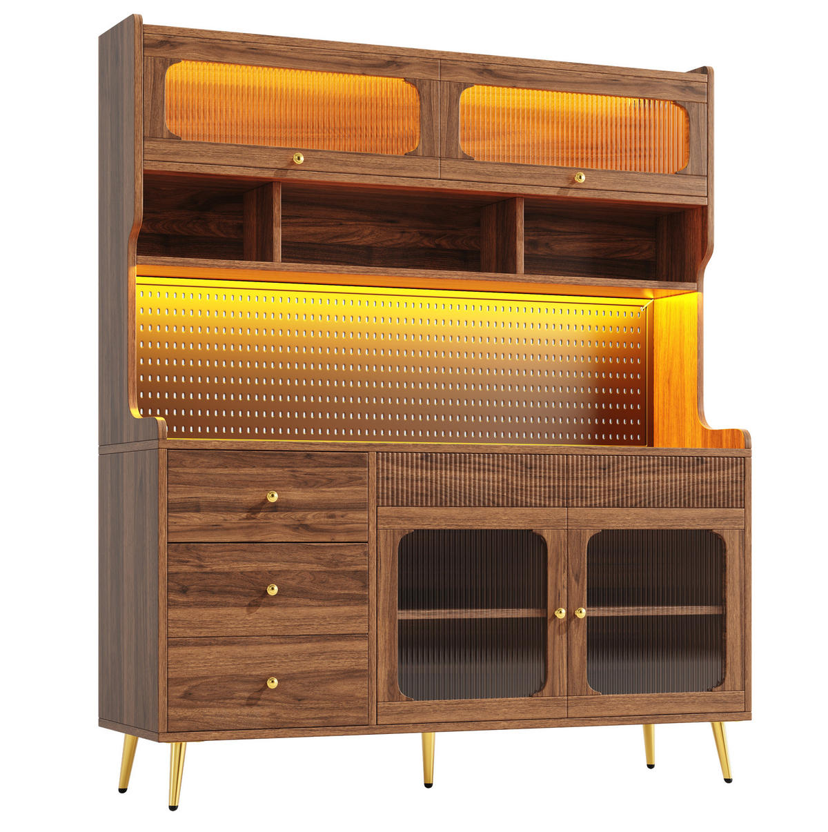 BUFFETSCHRANK 145/39/171 cm aus MDF und Glas mit Lift-up-Tür, RGB-LED-Beleuchtung, App-Steuerung und Lochwand, Walnuss - Walnussfarben, Holzwerkstoff (145/171/39cm) - Redom