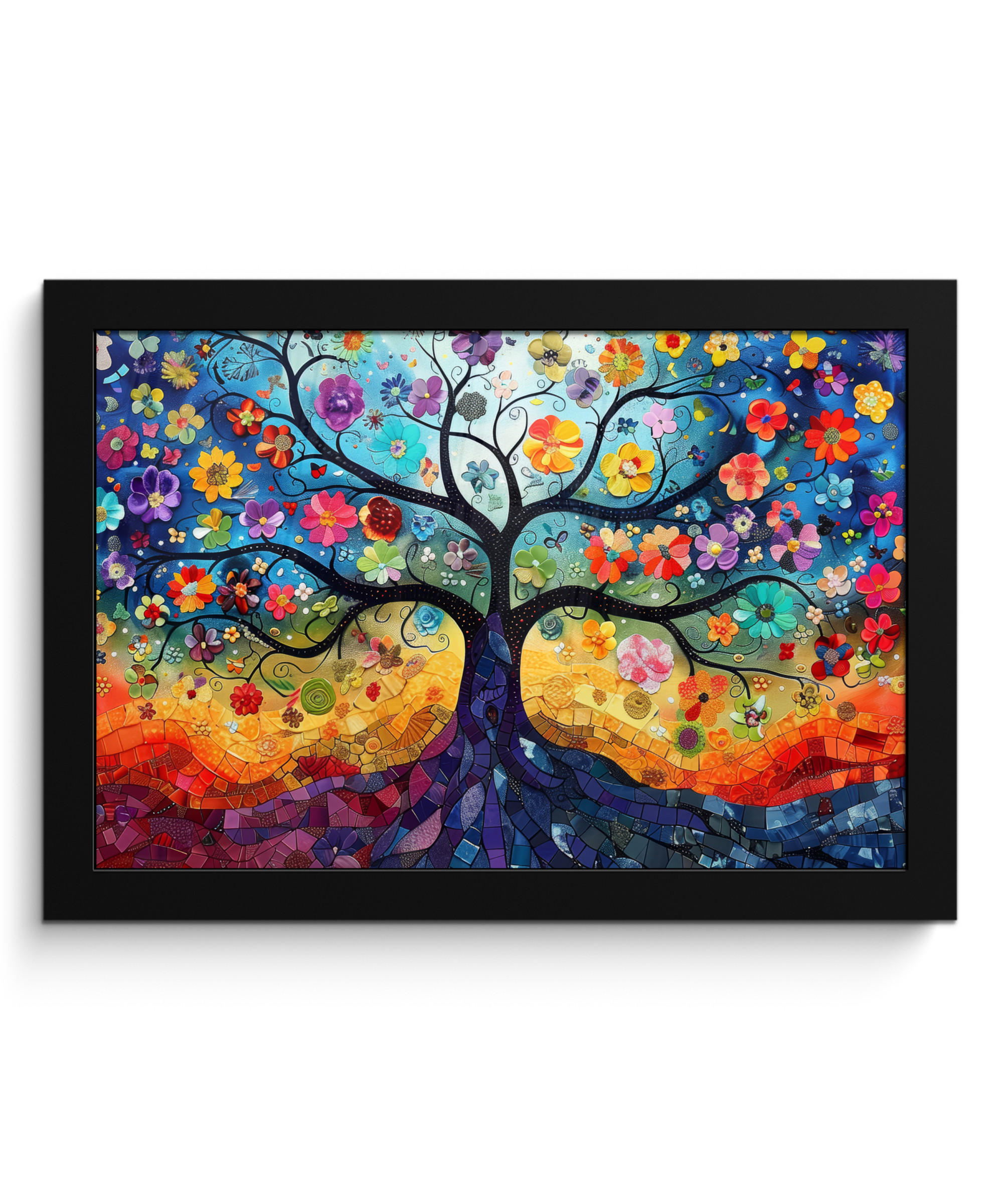 POSTER MIT RAHMEN Kunst - Baum des Lebens - Blumen - Hippie 30x20 cm - Dunkelblau, Papier (30/20cm) - MuchoWow