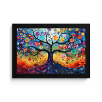 POSTER MIT RAHMEN Kunst - Baum des Lebens - Blumen - Hippie 30x20 cm - Dunkelblau, Papier (30/20cm) - MuchoWow