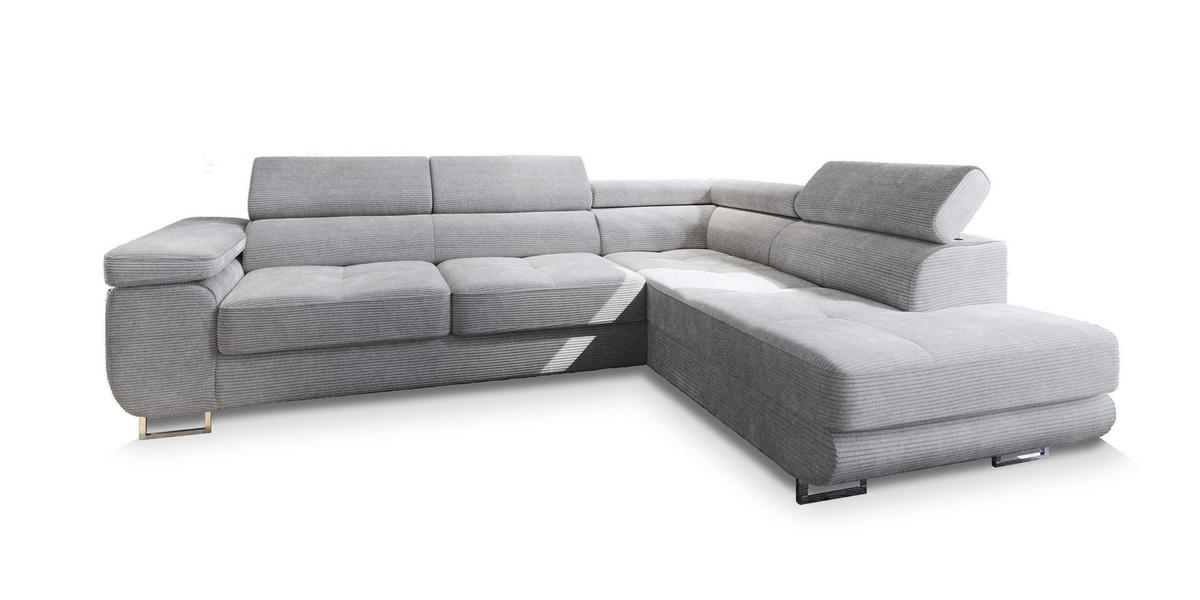ECKSOFA APIRO R-S Hellgrau Kordstoff mit Schlaffunktion - Hellgrau, Holz (276/202cm) - MASSENO