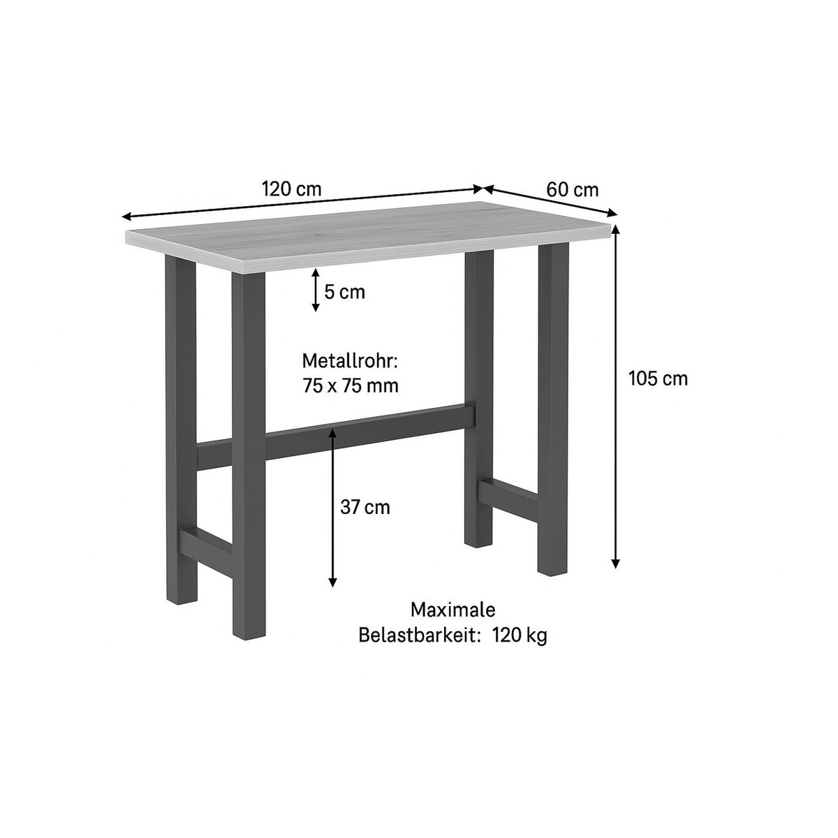 BARTISCH LOTTE 120/60/105 cm - Hellbraun/Alteiche, Holzwerkstoff/Metall (60/120/105cm) - DUBI Möbel