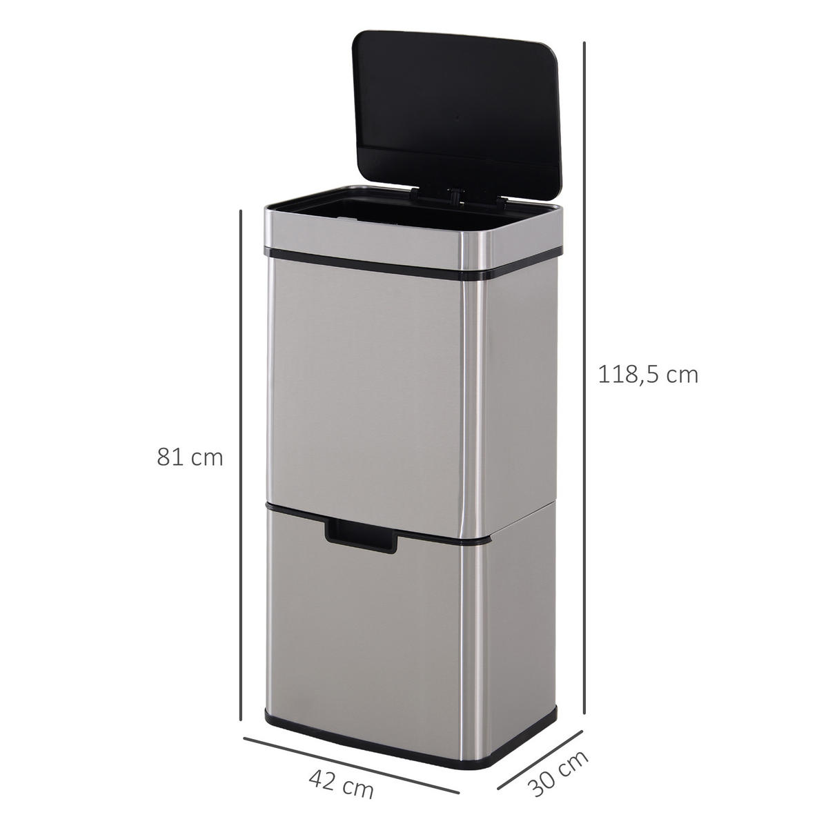 MÜLLEIMER-SYSTEM DE-08915 47 L + 2 x 12,5 L, Sensor mit Mülltrennung Silber - Silberfarben, Metall (30/81/42cm) - ComfortXL