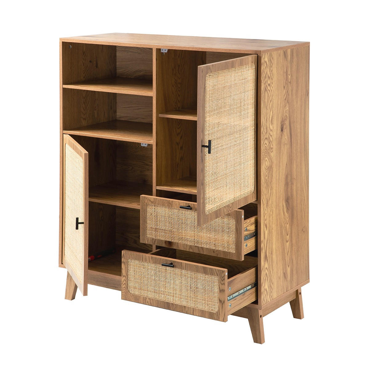 HOHES ANRICHTE 2 Türen 2 Schubladen mit Rattan-Fronten 40/120/100 cm - Apfelbaumfarben, Holzwerkstoff (40/120/100cm) - Calicosy