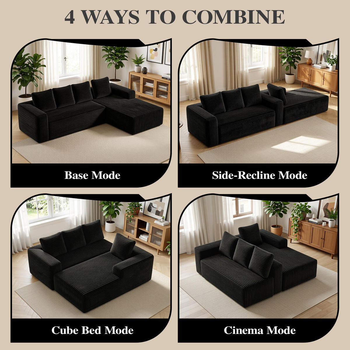 ECKSOFA Cloud L-Form mit linker Chaise, DE-42592, Schwarz - Schwarz, Textil (261/168cm) - ComfortXL