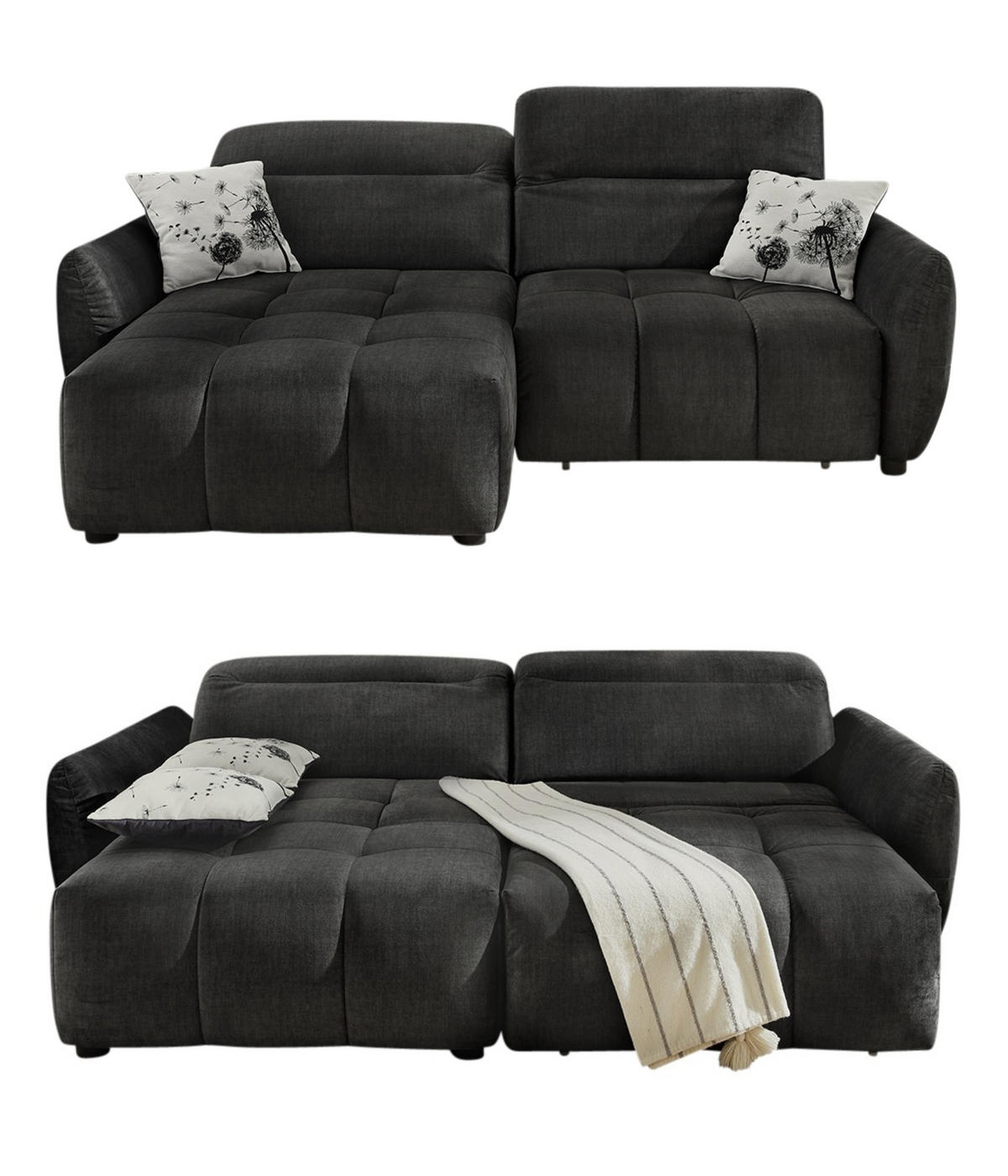 ECKSOFA mit elektrische Sitztiefenverstellung, Kopflehnen verstellbar, USB-C und -A Ladefunktion B260/T191/H106 cm, Velours Anthrazit Schwarz / 15406 - Anthrazit/Multicolor, Kunststoff/Textil (260/191cm) - luma-home