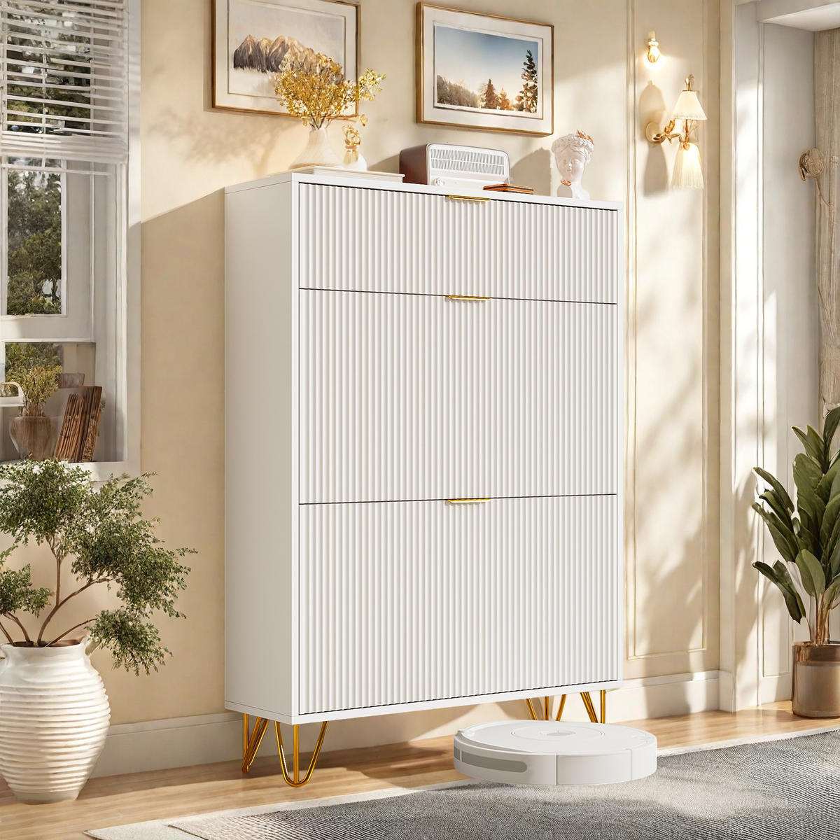 SCHUHSCHRANK mit 3 Türen und goldfarbenen Füßen, Flurschrank, 80 x 24 x 118 cm, weiß - Goldfarben/Weiß, Holzwerkstoff/Metall (24/118/80cm) - GENKI LIVING