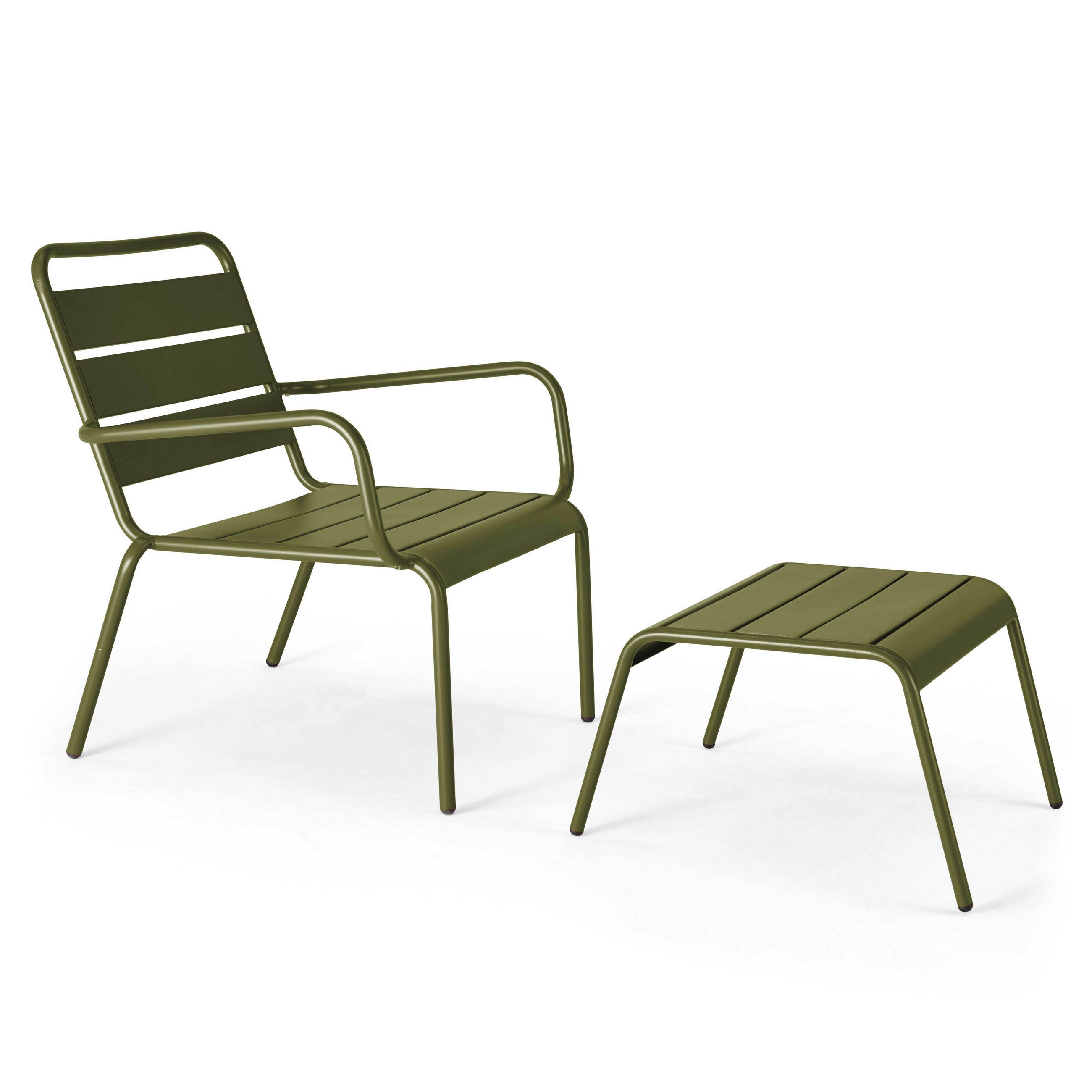 RELAXSESSEL MIT HOCKER 2-tlg., Khakigrün - Grün, Metall (64/72/60cm) - Oviala