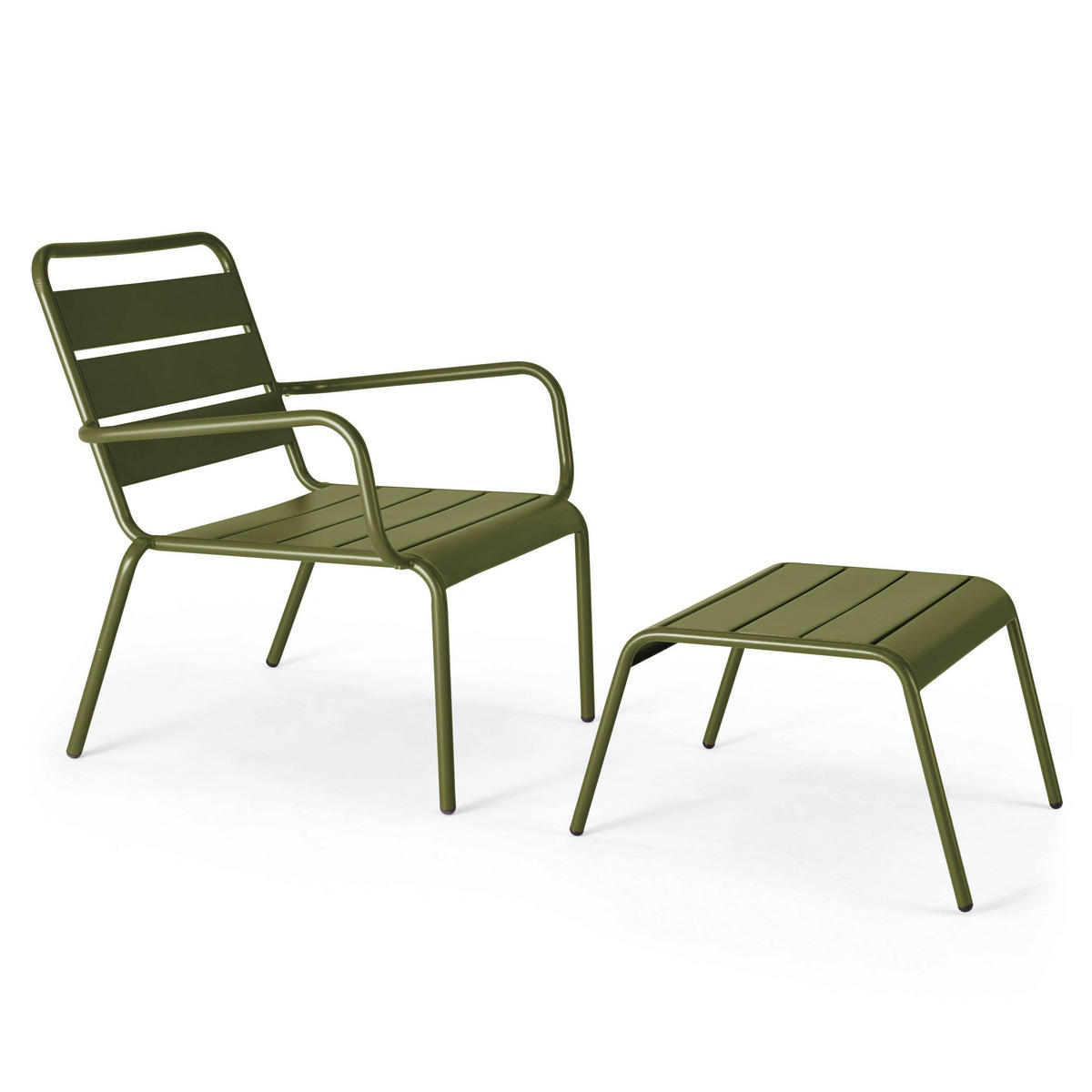 RELAXSESSEL MIT HOCKER 2-tlg., Khakigrün - Grün, Metall (64/72/60cm) - Oviala