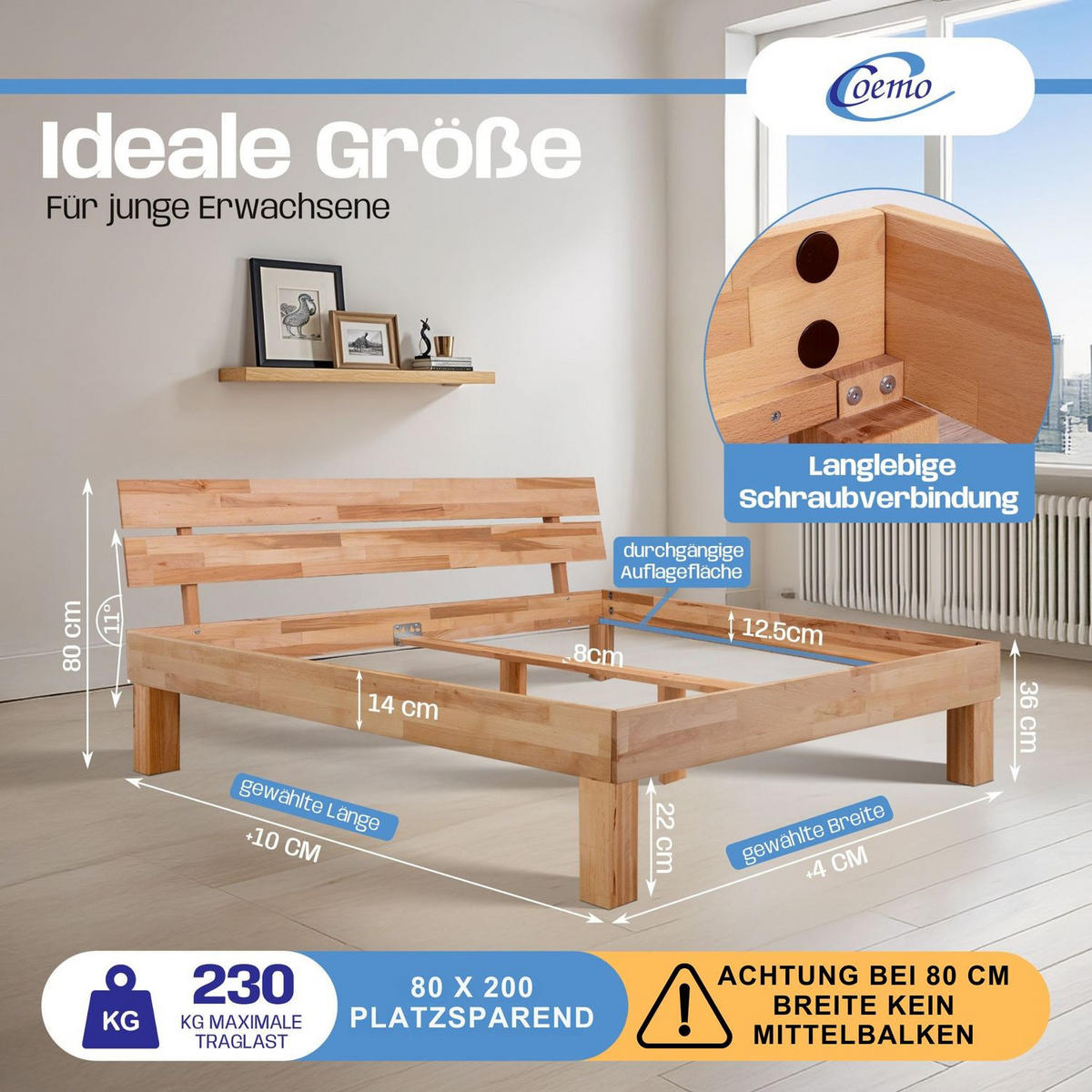 MASSIVHOLZBETT LEAH Buche massiv mit Kopfteil 80/200 cm - Naturfarben, Holz (80/200cm) - Coemo
