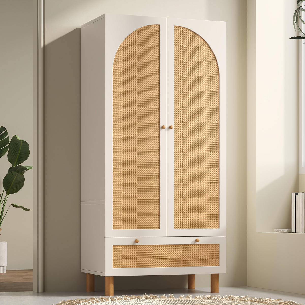 KLEIDERSCHRANK 2-türig 85,5/52/180,5 cm in Weiß mit Rattan & Schublade - Weiß, Holz (85.5/180.5/52cm) - BEAOK