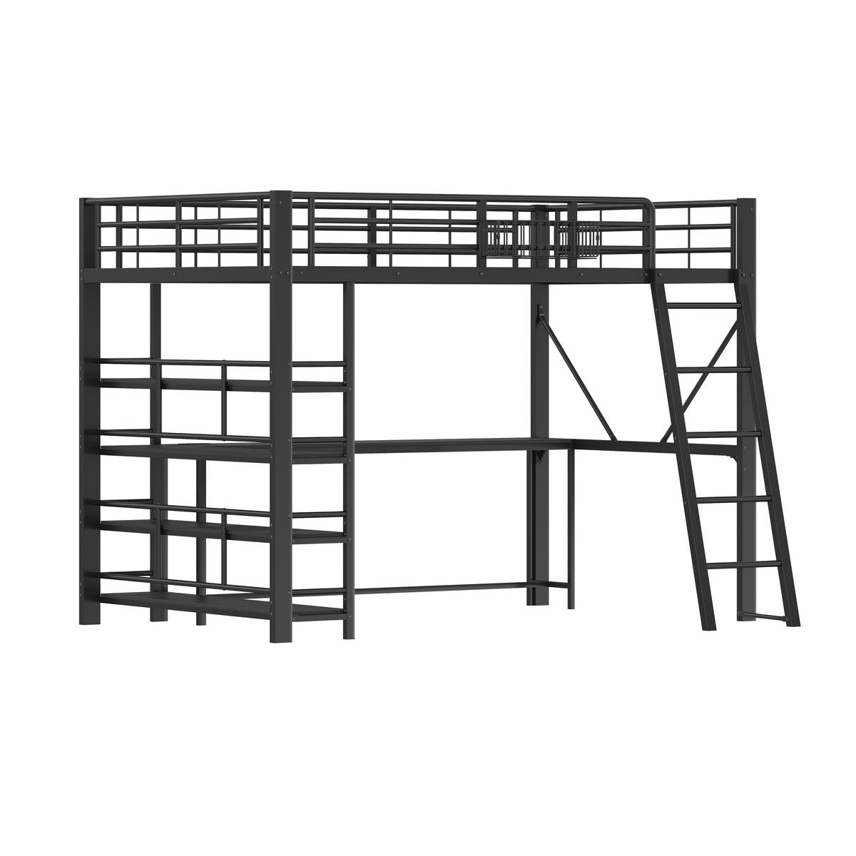 HOCHBETT 140/200 cm in Schwarz mit Schreibtisch, Regal, Aufbewahrungskorb, LED und USB Metallbett - Schwarz, Holzwerkstoff/Metall (140/200cm) - STILVORA