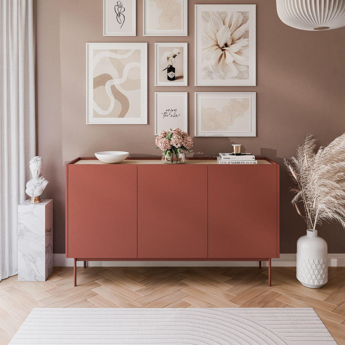 KOMMODE Dreitürige ESSENCE 3D K144 Keramik Rot / Eiche Linea - Eichefarben/Rot, Holzwerkstoff (144/86/37cm) - Lookway