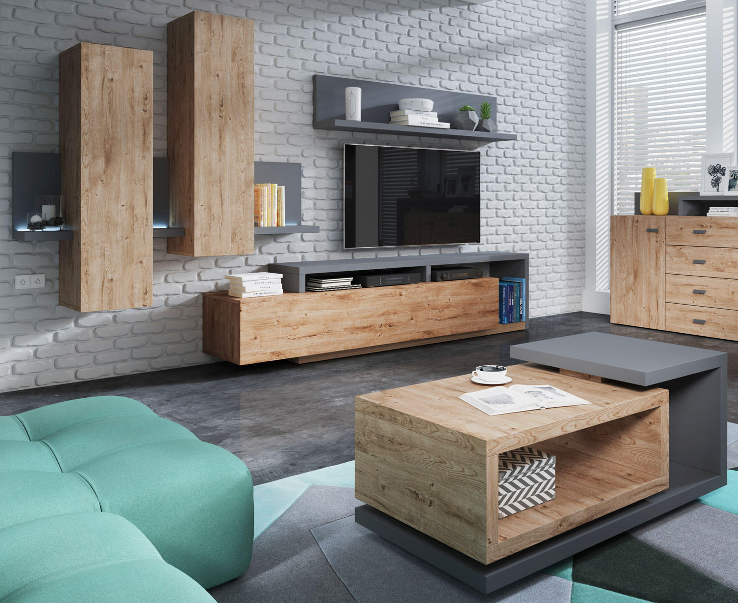 WOHNZIMMER-SET Bota anthrazit / ribbeck eiche 641x60x142cm - Anthrazit/Braun, Holz/Holzwerkstoff (641/142/60cm) - Feldmann-Wohnen