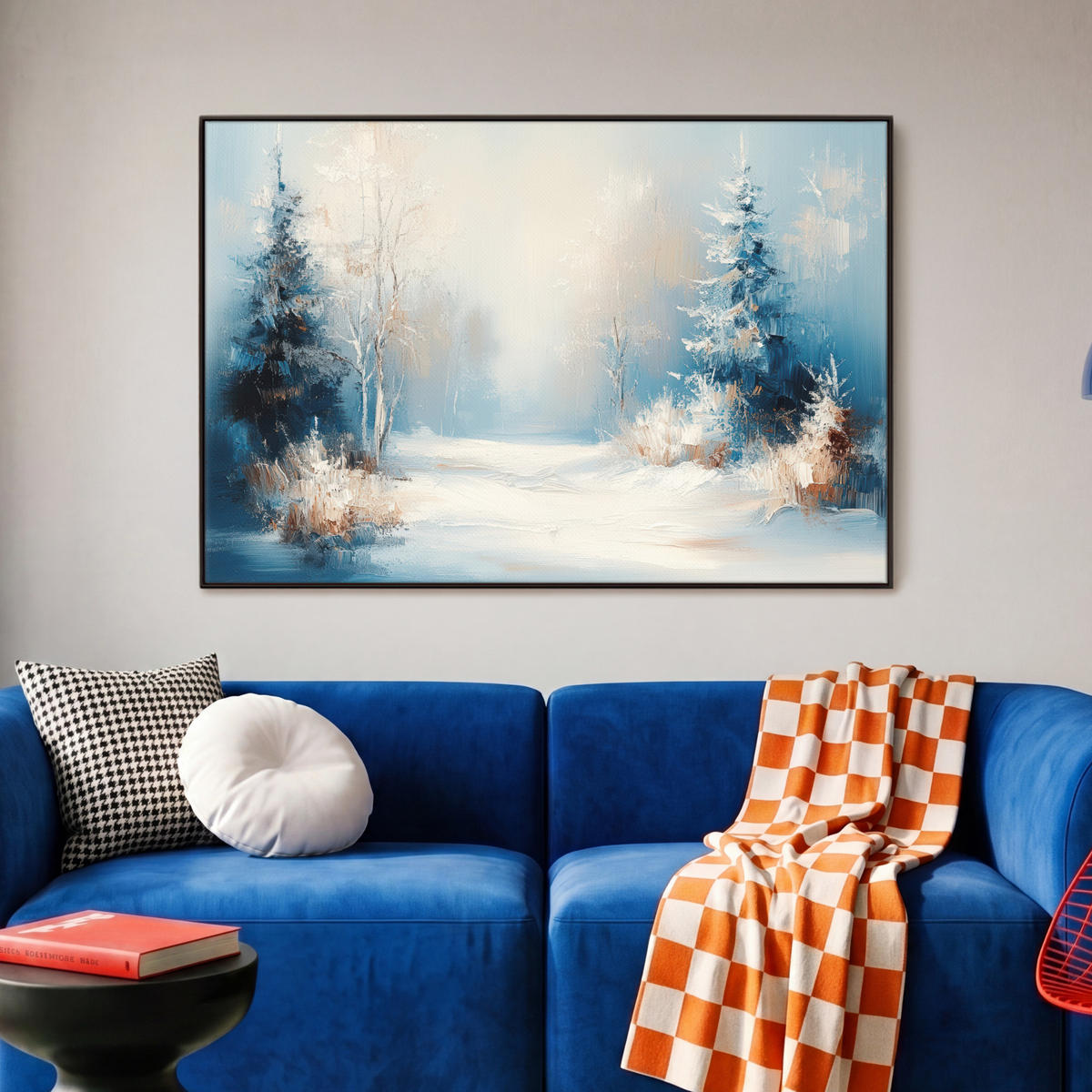 LEINWAND Bilder mit Rahmen - Wald – Winter – Natur – Abstrakt – Schnee - 90x60 - Weiß, Textil (90/60cm) - MuchoWow
