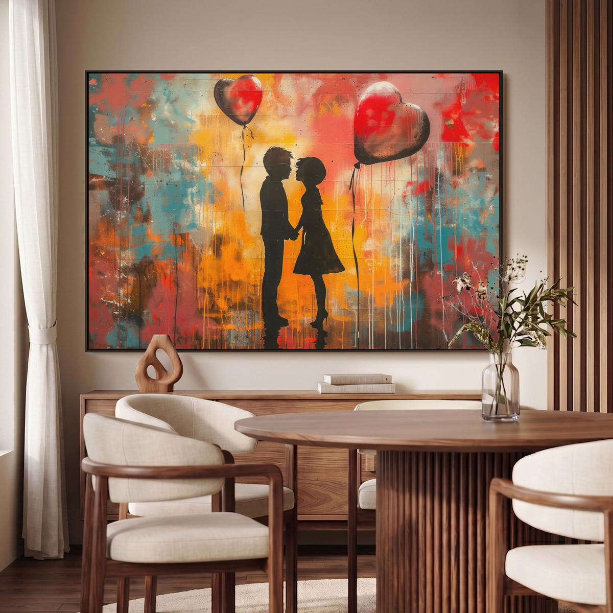 LEINWAND Bilder mit Rahmen - Straßenkunst - Liebe - Graffiti - Kunst - Banksy - 120x80 - Orange, Textil (120/80cm) - MuchoWow