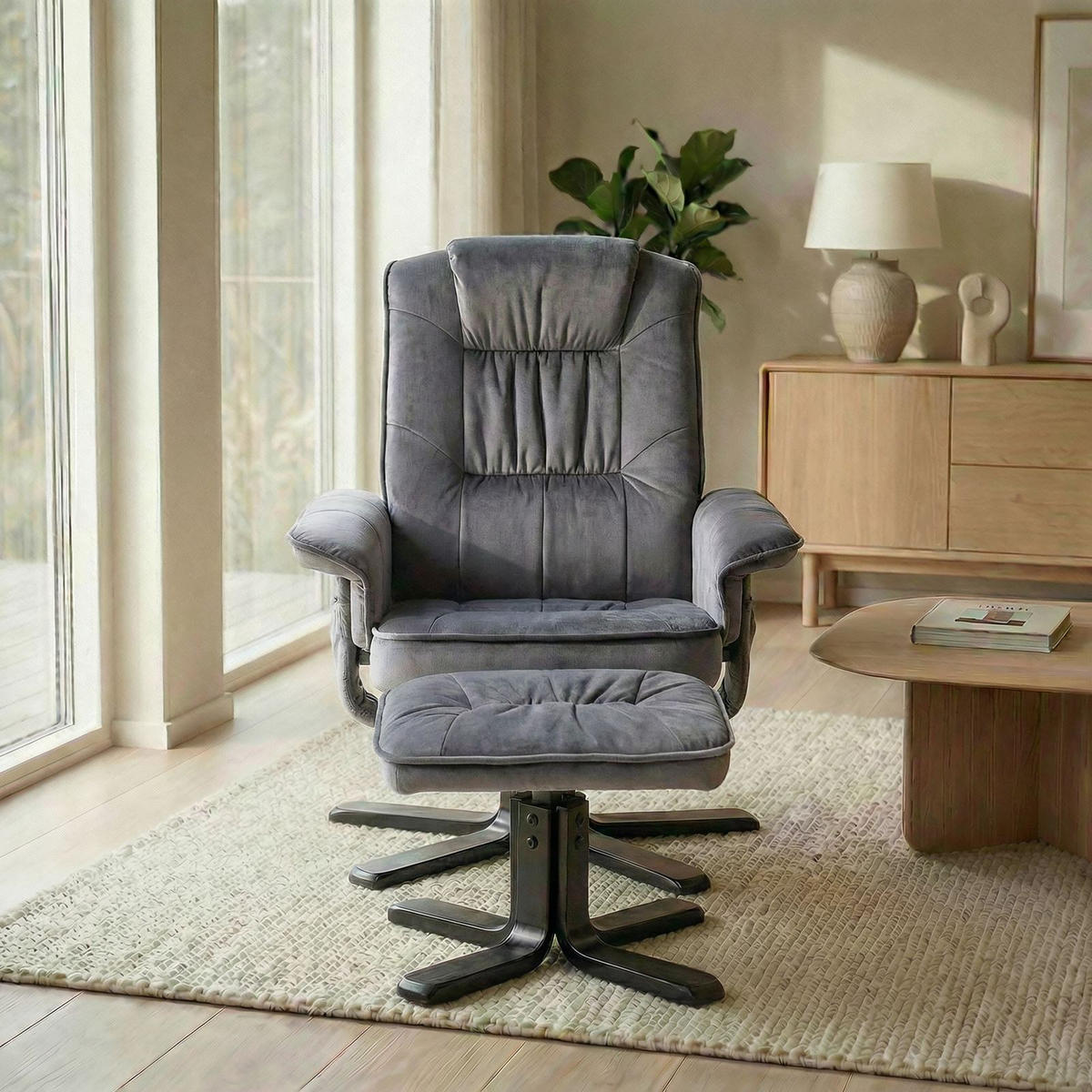 RELAXSESSEL SAMTSTOFF, SET MIT HOCKER CHARLES - Grau, Textil (76/87/61cm) - IDIMEX