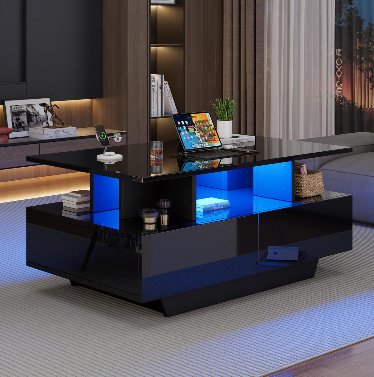 COUCHTISCH 90/55/41 cm schwarz aus Holzwerkstoff mit LED-Beleuchtung und 2 Schubladen - Schwarz, Holzwerkstoff (90/55/41cm) - OKMYHOME