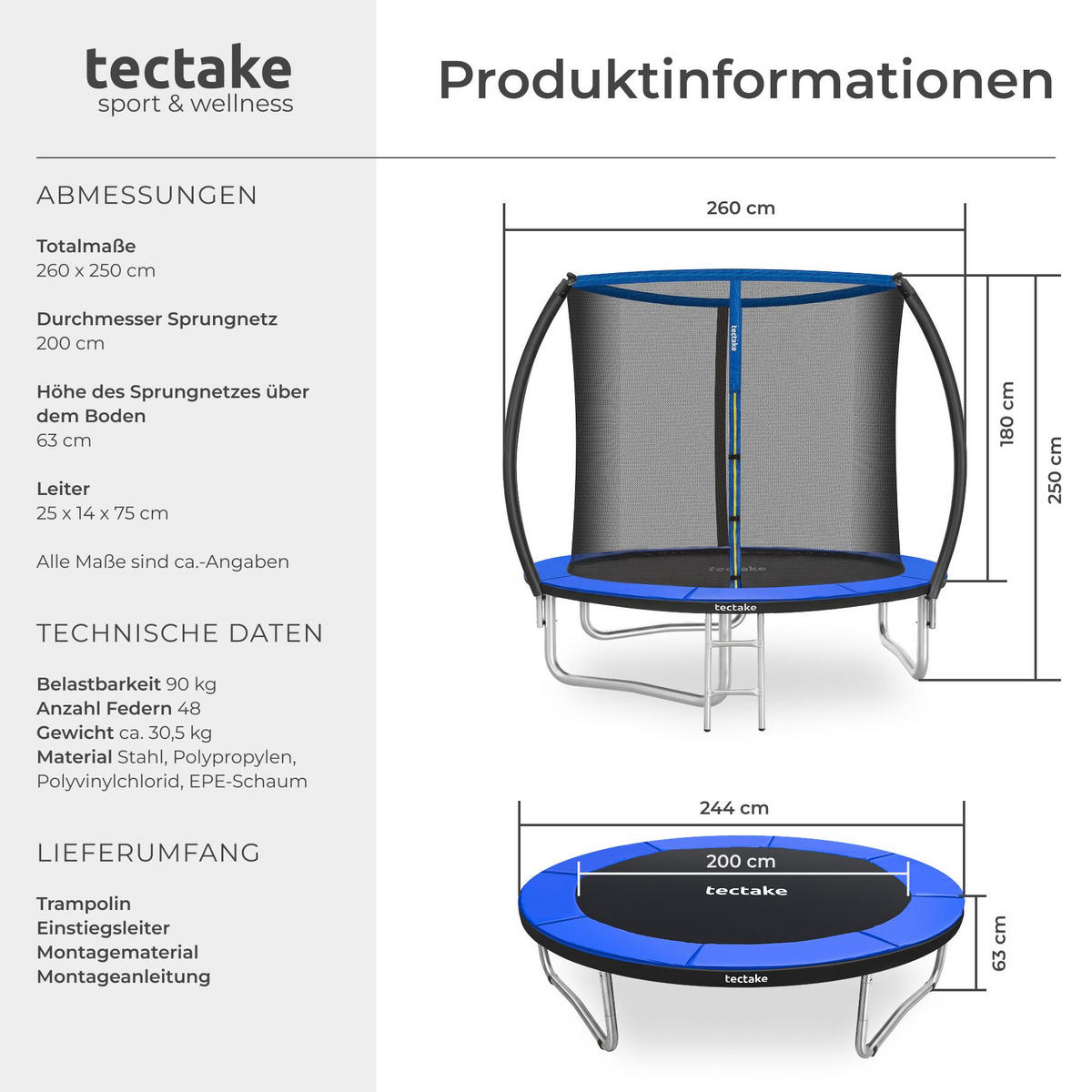 TRAMPOLIN Jumpy, inklusive Einstiegsleiter, schwarz/blau - Blau/Schwarz, Metall (260/250/260cm) - tectake