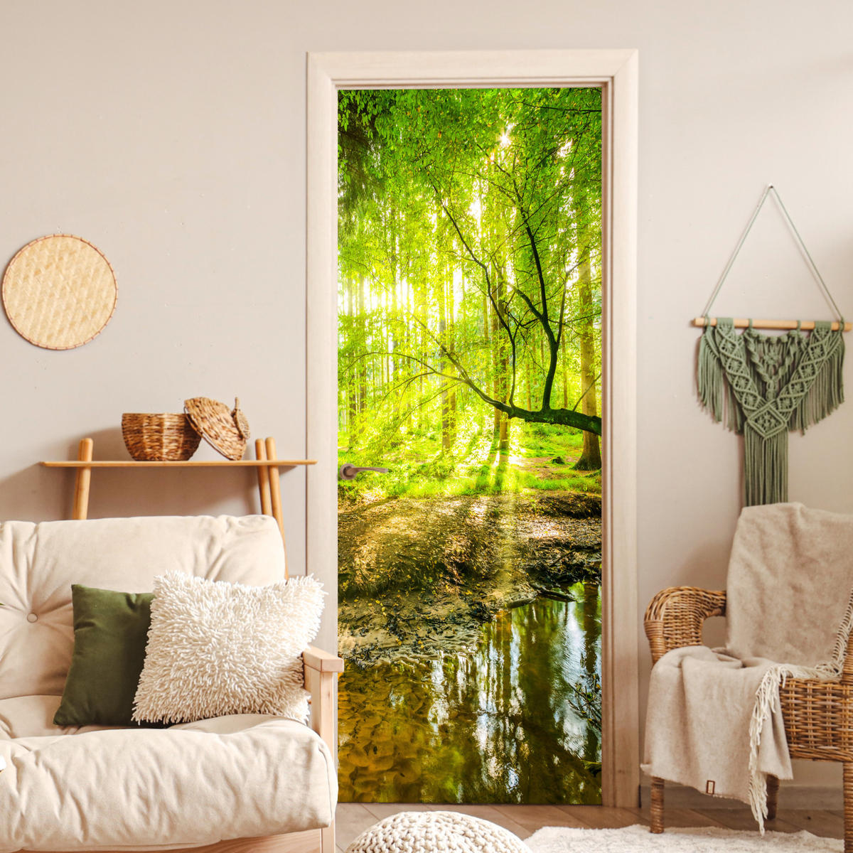 TÜRAUFKLEBER Wald - Landschaft - Wasser - Bäume - Sonne - Grün - Natur Deko Wohnzimmer 95x235 cm - Türtapete - Hellgrün, Kunststoff (95/0.1cm) - MuchoWow