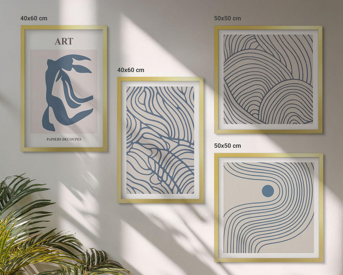 WANDBILDER 4er Set - 50x50 cm & 40x60 cm Goldrahmen - Abstrakte blaue Linien - Goldfarben, Kunststoff (50/50cm) - ArtPrintCave