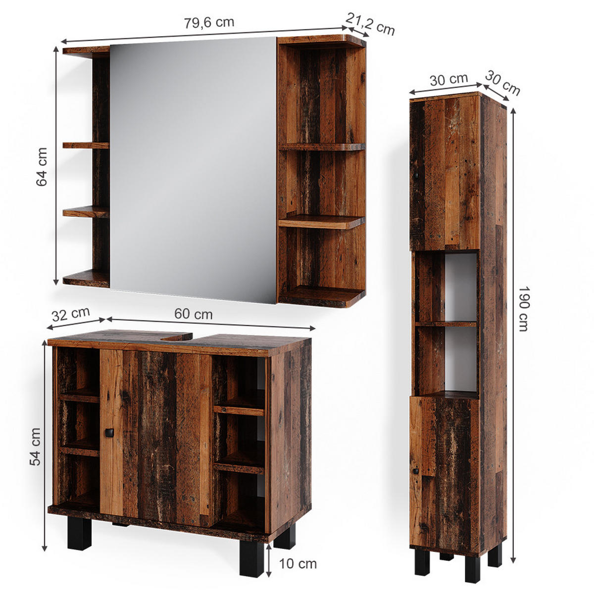 BADMÖBEL-SET Fynn Eiche rustikal 3 Teile, mit Hochschrank - Wildeiche, Holzwerkstoff (60/54/32cm) - Vicco