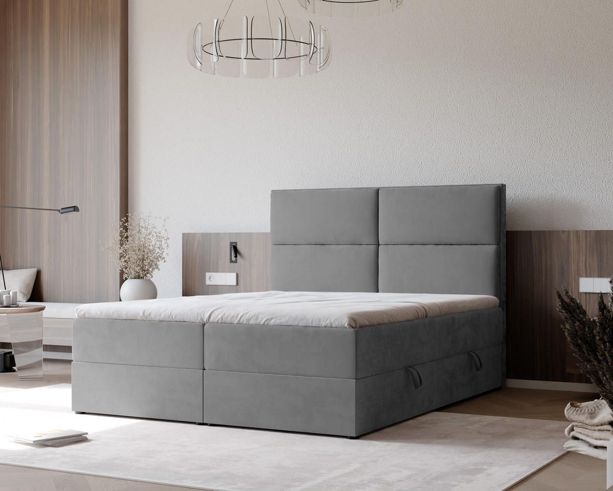 BOXBETT ORFEO 180/200 cm mit Matratze und Topper, Hellgrau - Hellgrau, Textil (180/200cm) - Idohome