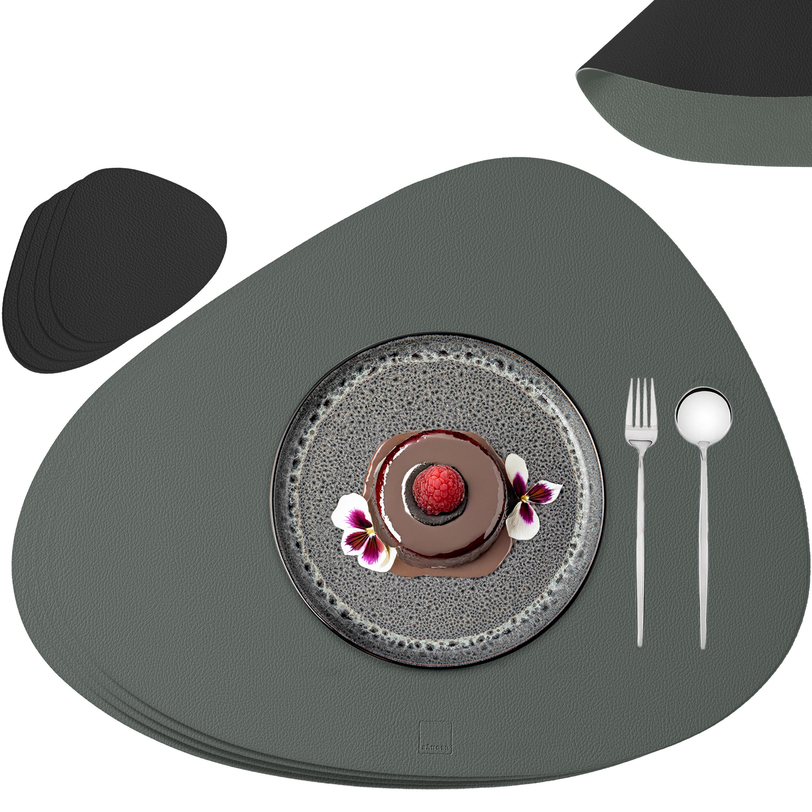 TISCHSET - Kunstleder - Doppelseitig - Grau/Schwarz - Organisch - 44x37cm - 8 Stück - Grau, Kunststoff (44/37cm) - Sänger