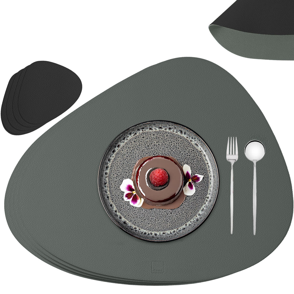TISCHSET - Kunstleder - Doppelseitig - Grau/Schwarz - Organisch - 44x37cm - 8 Stück - Grau, Kunststoff (44/37cm) - Sänger