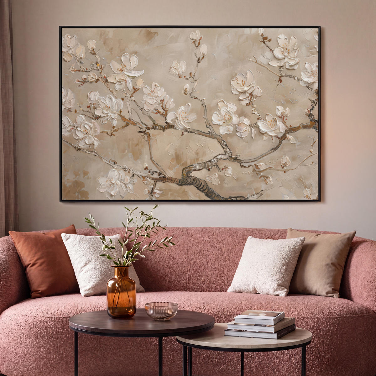 LEINWAND Bilder mit Rahmen - Blumen - Modern - Beige - Weiß - Blüte - 120x80 - Beige, Textil (120/80cm) - MuchoWow