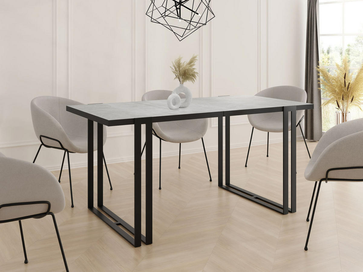 ESSTISCH Marina rechteckig ausziehbar, Grauer Beton 120-220/80/76 cm - Hellgrau/Schwarz, Holzwerkstoff/Metall (120/80/76cm) - WFL GROUP