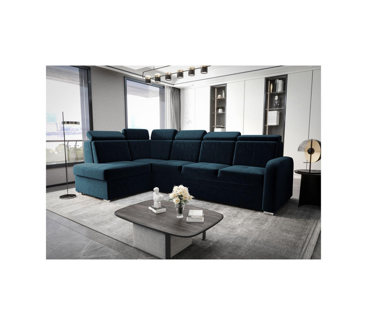 ECKSOFA KONGO RBN11, Eckcouch in L-Form mit Schlaffunktion, Farbe: Blau, Velourstoff, Ottomane Links - Blau, Textil (304/180cm) - O-Sofa