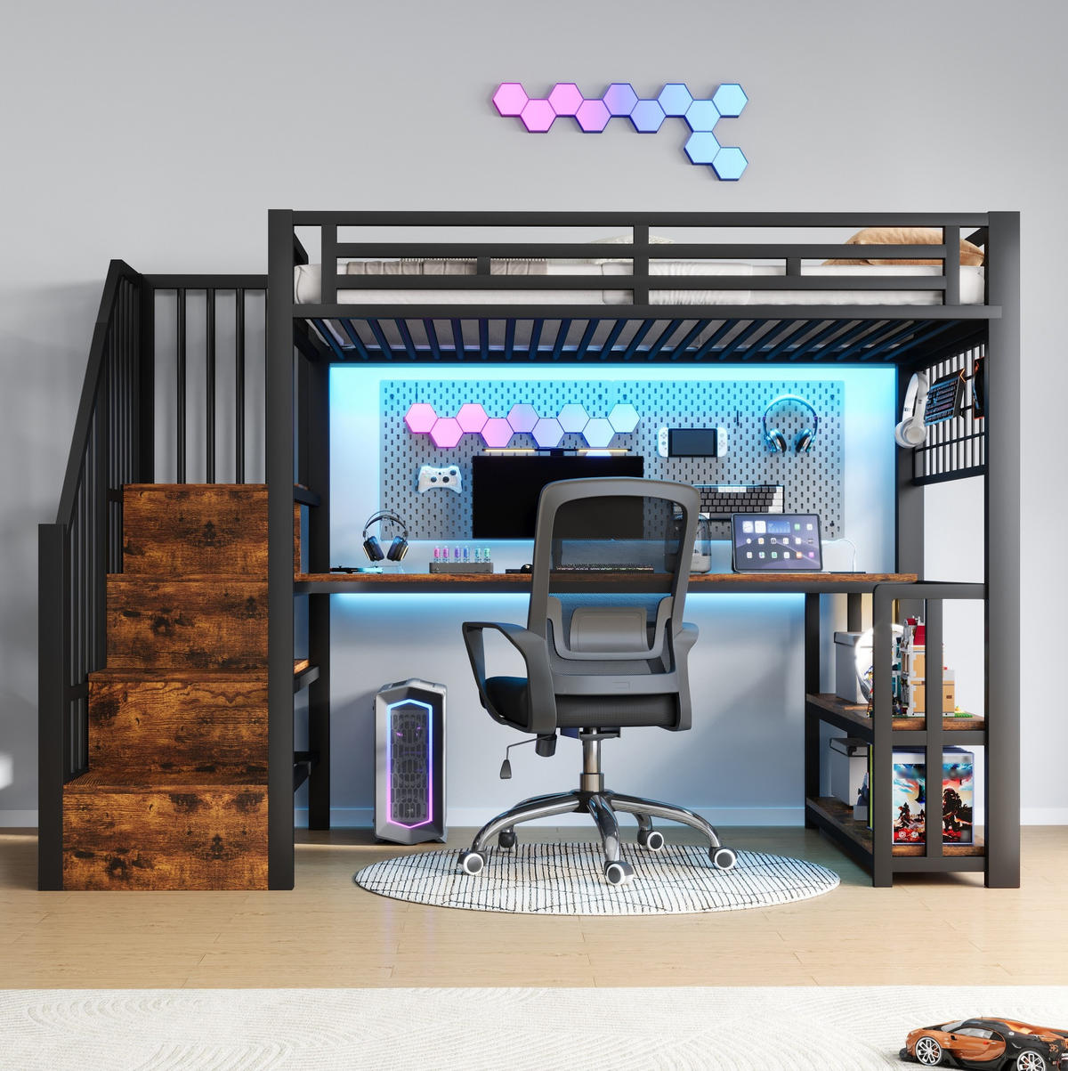 HOCHBETT 90/200 cm, Schwarz mit Schreibtisch, LED-Lichtleiste - Schwarz, Metall (90/200cm) - MIVRAY