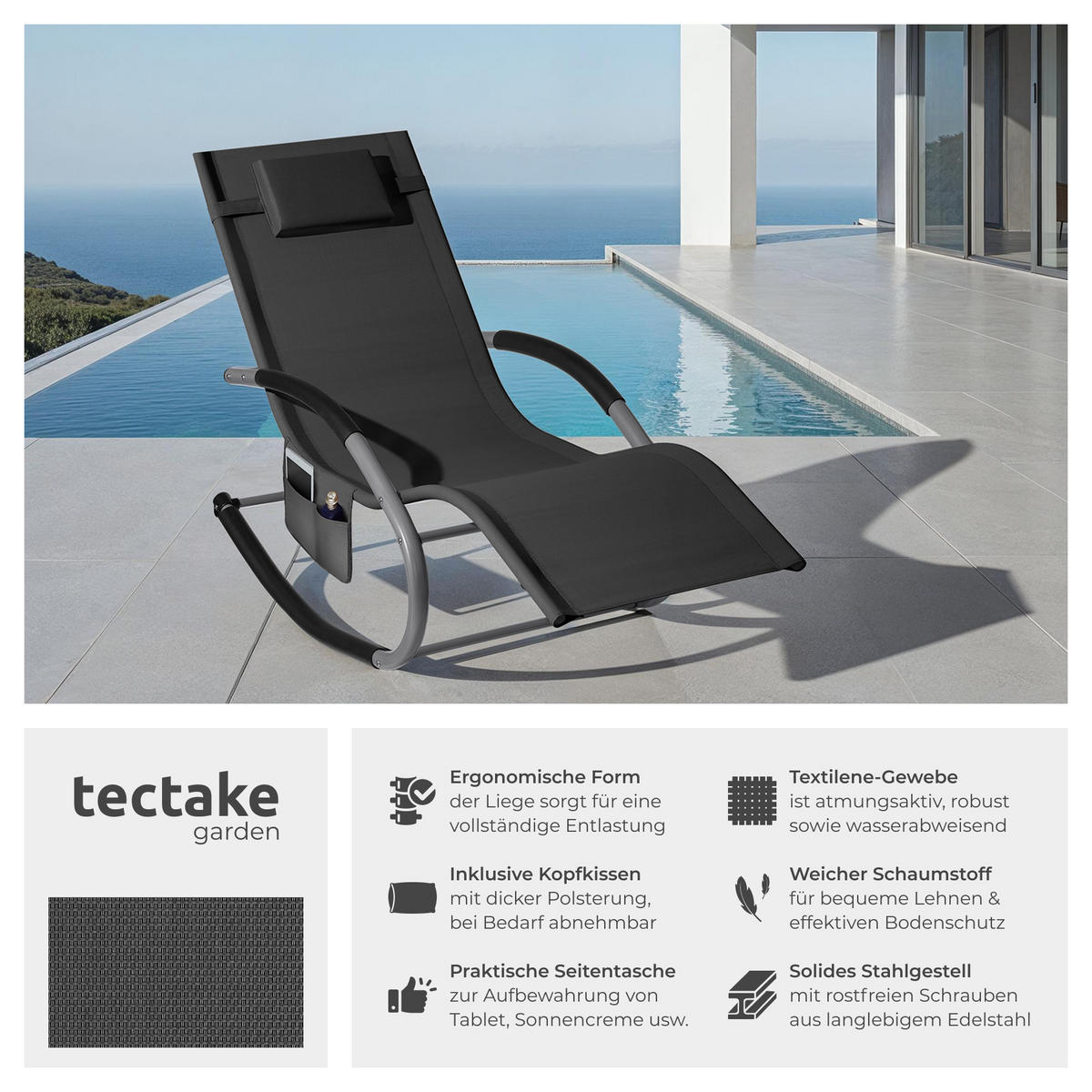 GARTENLIEGE Taya,abnehmbares Kopfpolster, seitliche Aufbewahrungstasche,schwarz - Schwarz, Kunststoff (62/92/142cm) - tectake