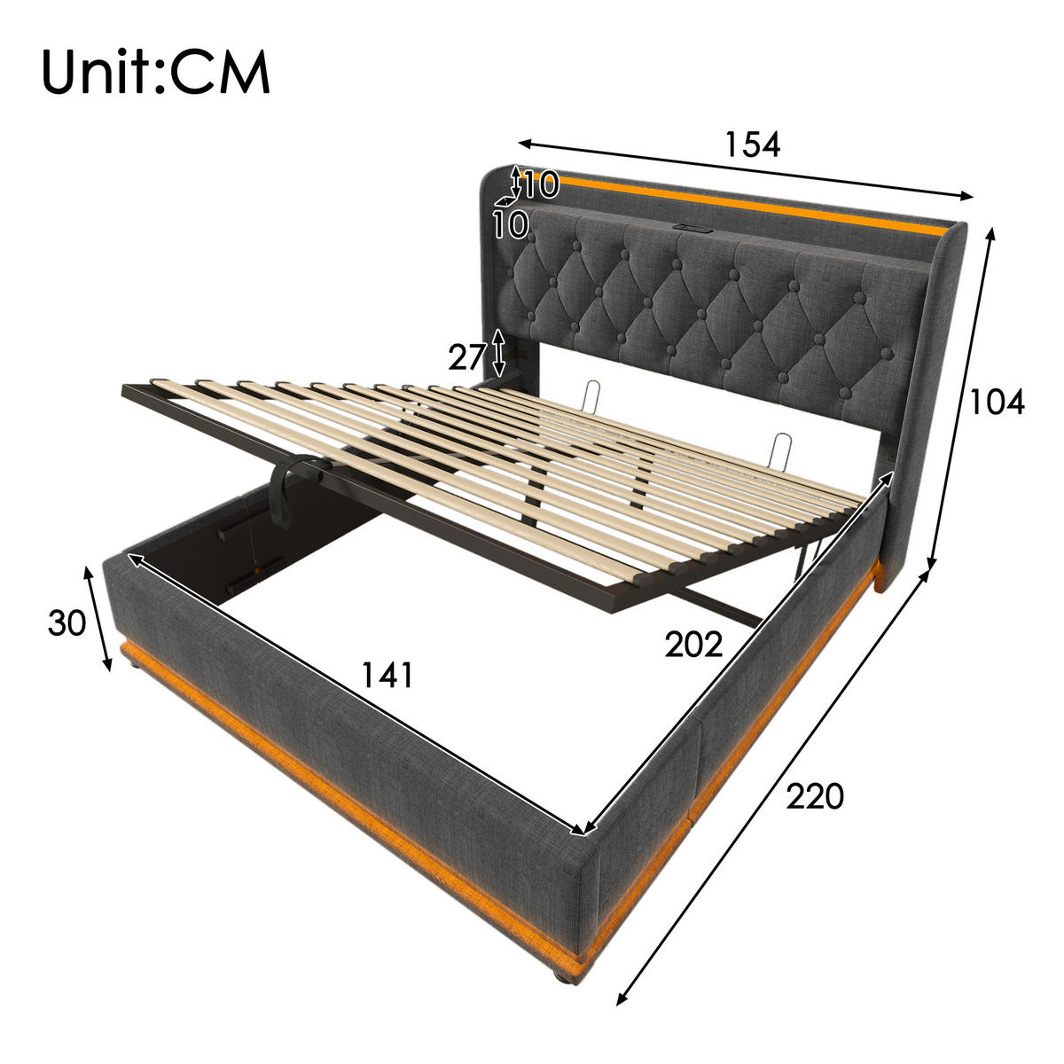 POLSTERBETT 140X200 cm mit LED Kopfteil und USB C Stauraum - Grau, Holz (140/200cm) - FLIEKS