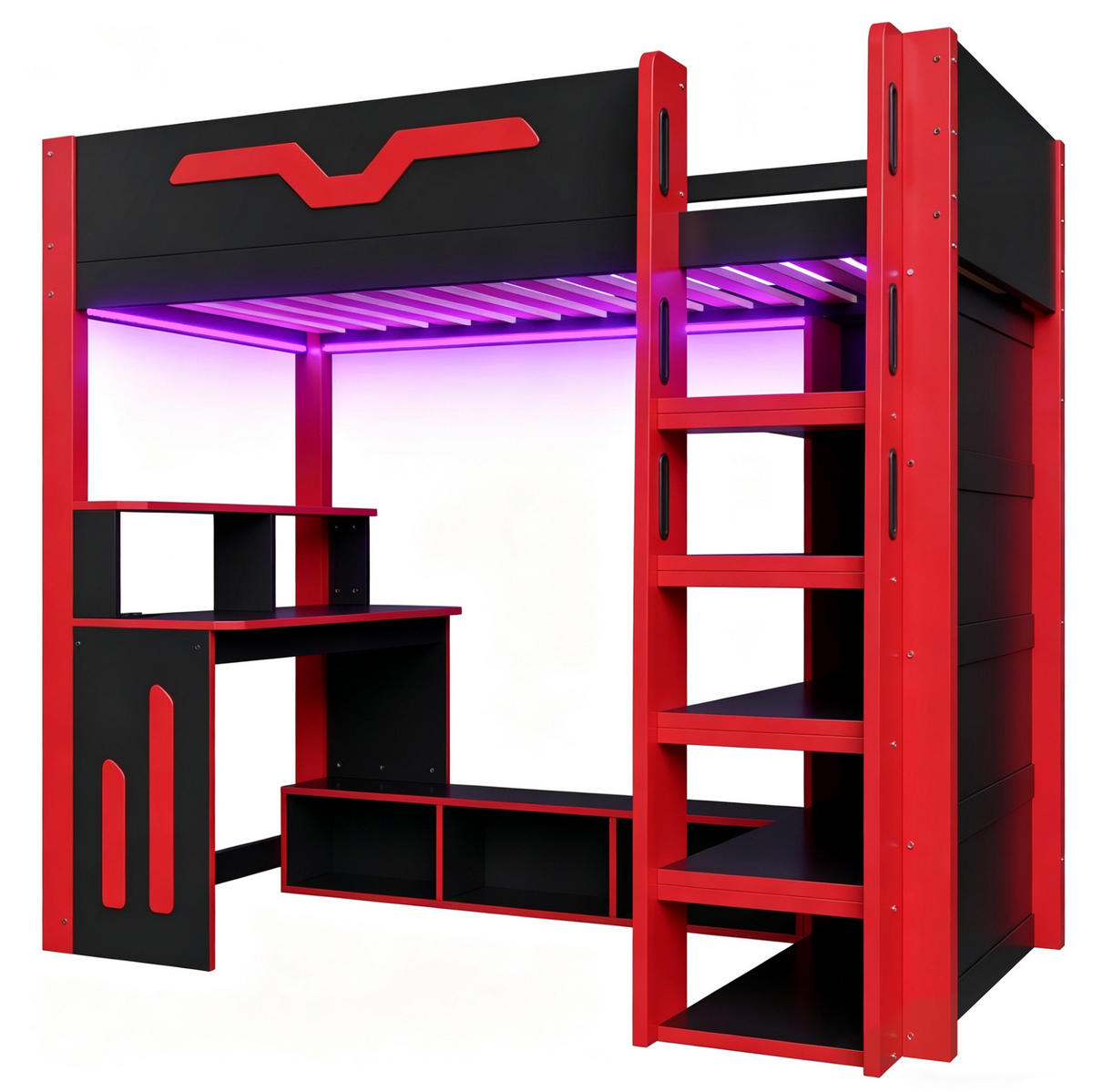 HOCHBETT 90/200 cm Schwarz/Rot mit Schreibtisch und LED-Beleuchtung - Schwarz, Holz (90/200cm) - MIVRAY